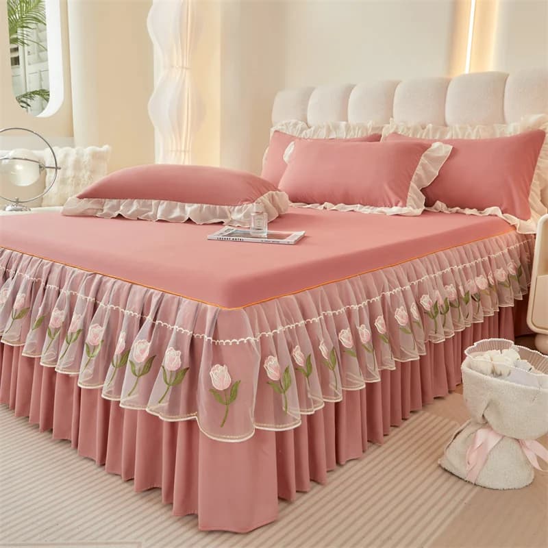 Gonna da letto in stile floreale Copriletto ricamato Biancheria da letto singola/queen/king size Lenzuolo per la casa con gonna ssi(La federa necessaria l'ordine)