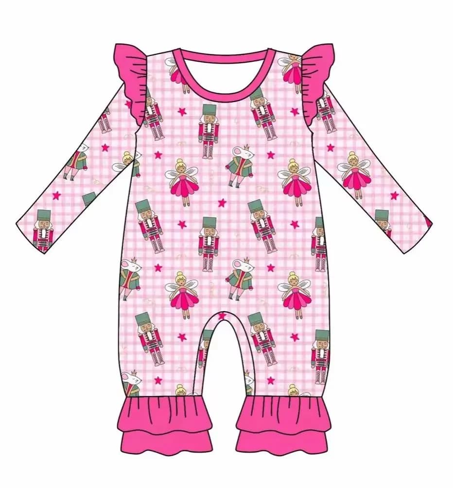Boutique Children Christmas Pajamas Outfits Ruffles Baby Romper Girls Pink Gingham Nutcracker Ballet Pajamas Sets