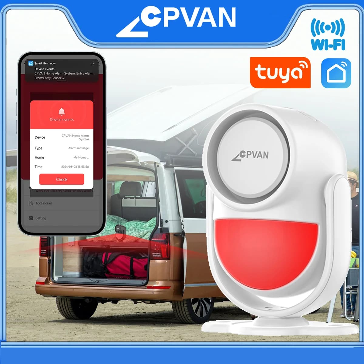 Sistema di allarme wireless WIFI Tuya CPVAN per camper con sensore di movimento a infrarossi, volume 120dB, con sensore per porta, per camper/furgoni, rilevatore di movimento PIR.