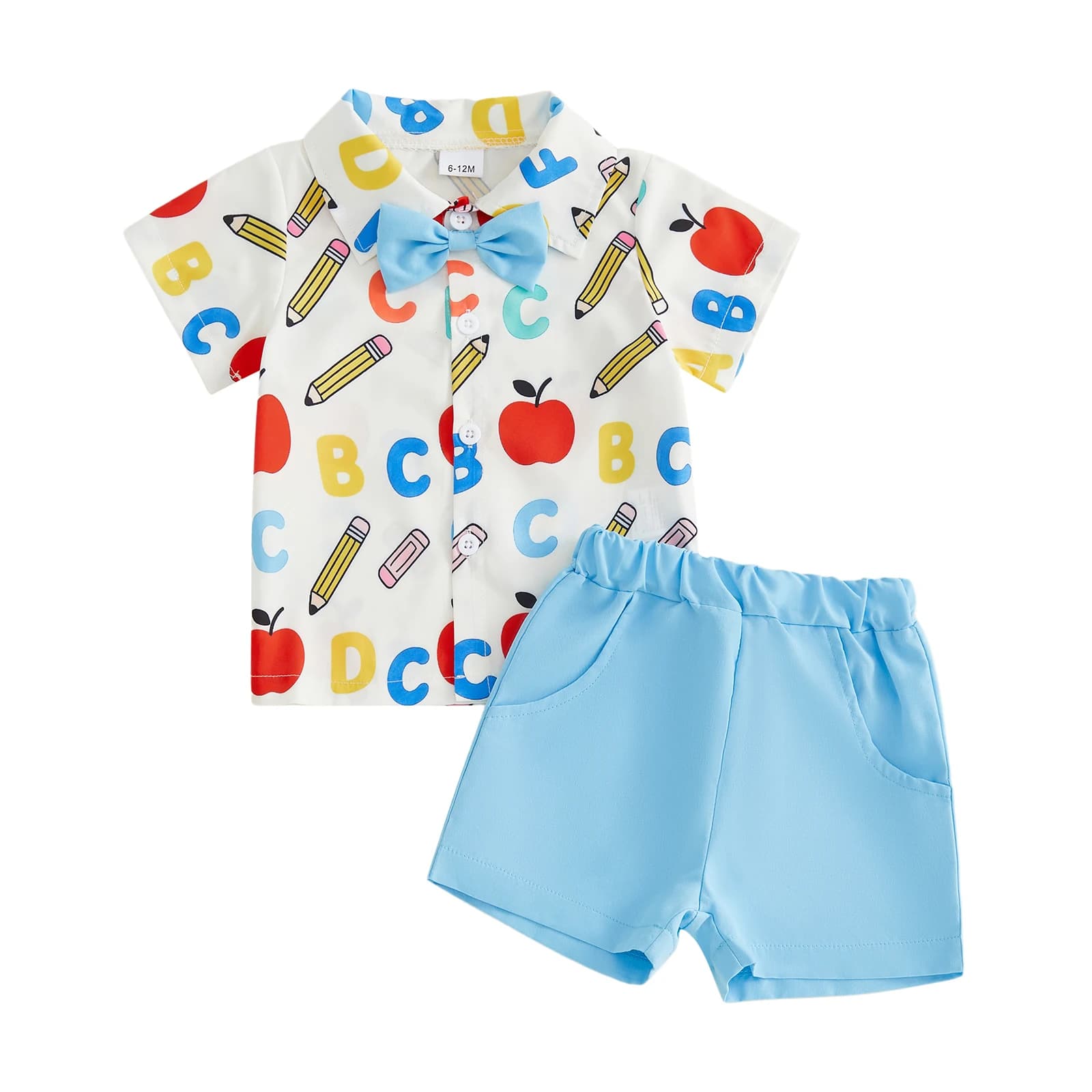 Toddler Boy Back-to-School Outfit Apple Pencil Letter Print Button up Short Sleeves Shirt with Bow Tie and Shorts Set