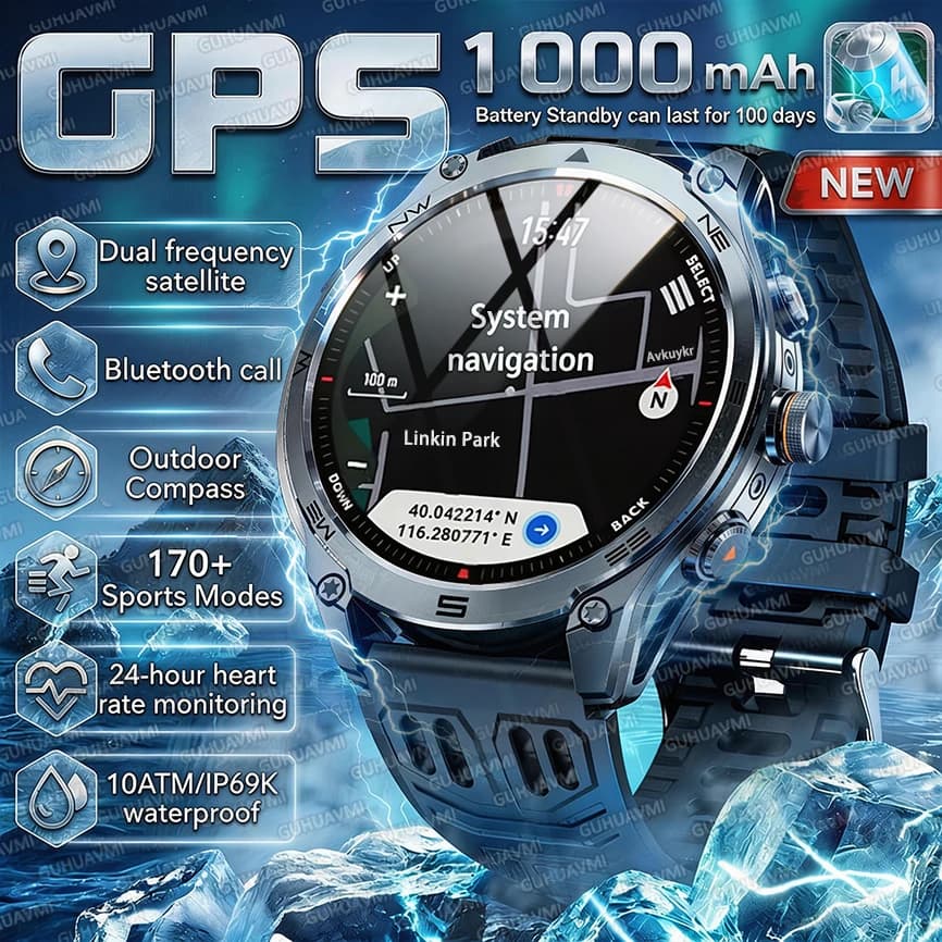 New GPS Smartwatch 2026 for Men, Navigation with Map, Robust and Durable, 1000mAh Large Battery, 10ATM Waterproof, for Swimming and 170+ Sport