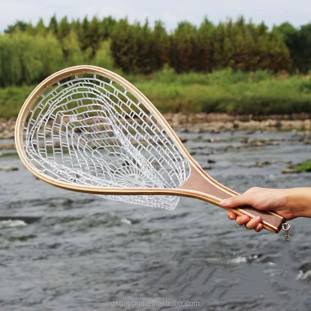 Guadino in gomma per pesca a mosca con manico curvo in legno OEM Guadino in gomma per pesca a mosca con telaio in legno