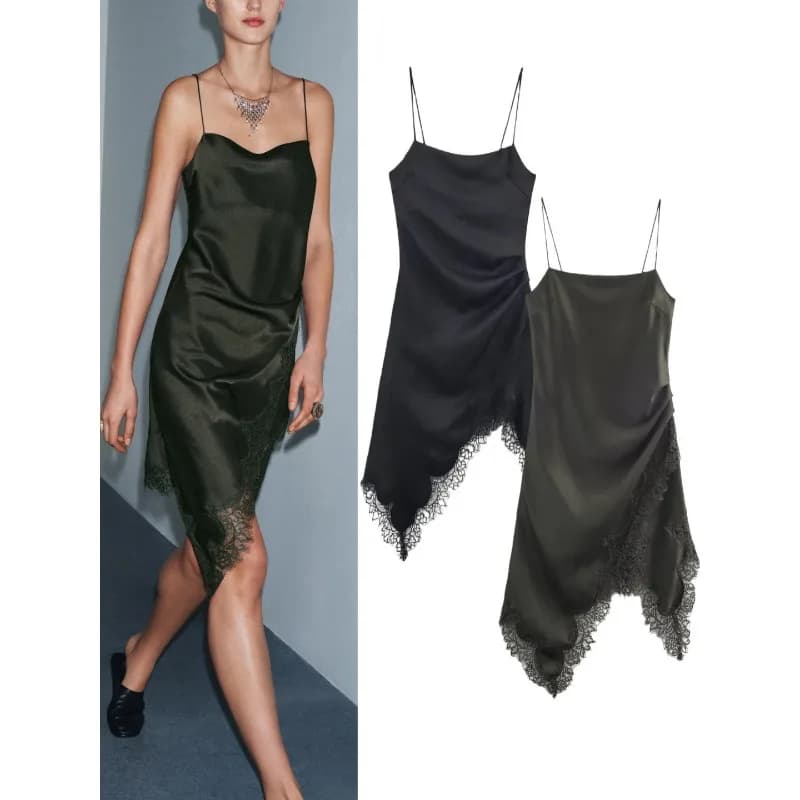 Sling Dress in Fanan Lace, Asymmetrical Mini Dress for Women, Autumn Fashion, French Chic Clothing for Women Evenings