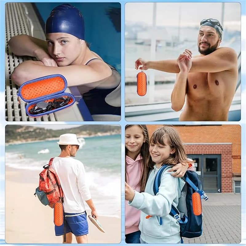 EVA swimming goggle holder box with clip and drainage holes, breathable protective case for men, women and children