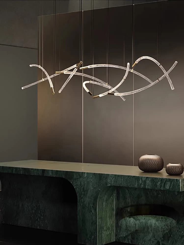 Simple Art Arc Glass Strip Living Room Lights Hanging Lamp Italian Minimal Design Ceiling Led Long Bar Lighting Decor Chandelier