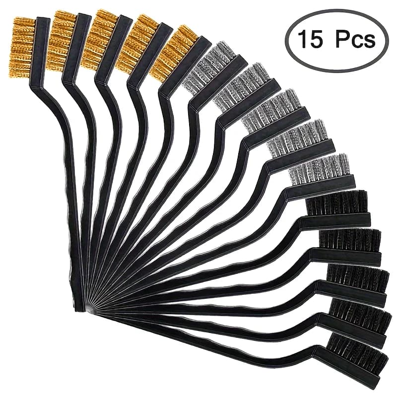 A set of 15-piece metallic brushes (stainless steel + brass + nylon) set of curved brushes for cleaning, slag welding and rust removal