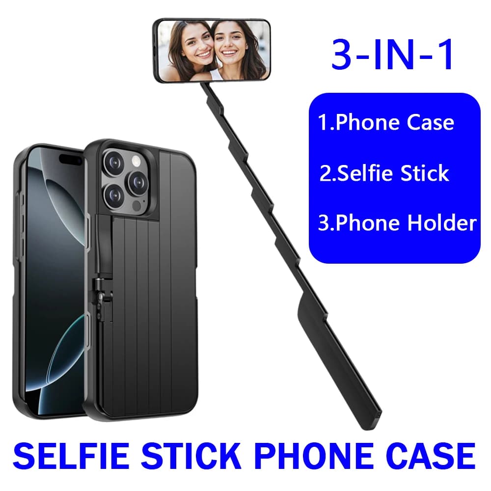 Custodia Multifunzione per iPhone 15 16 Pro/ProMax con Asta Selfie Integrata da 60 cm per Connessione Bluetooth, Cover Antiurto con Supporto