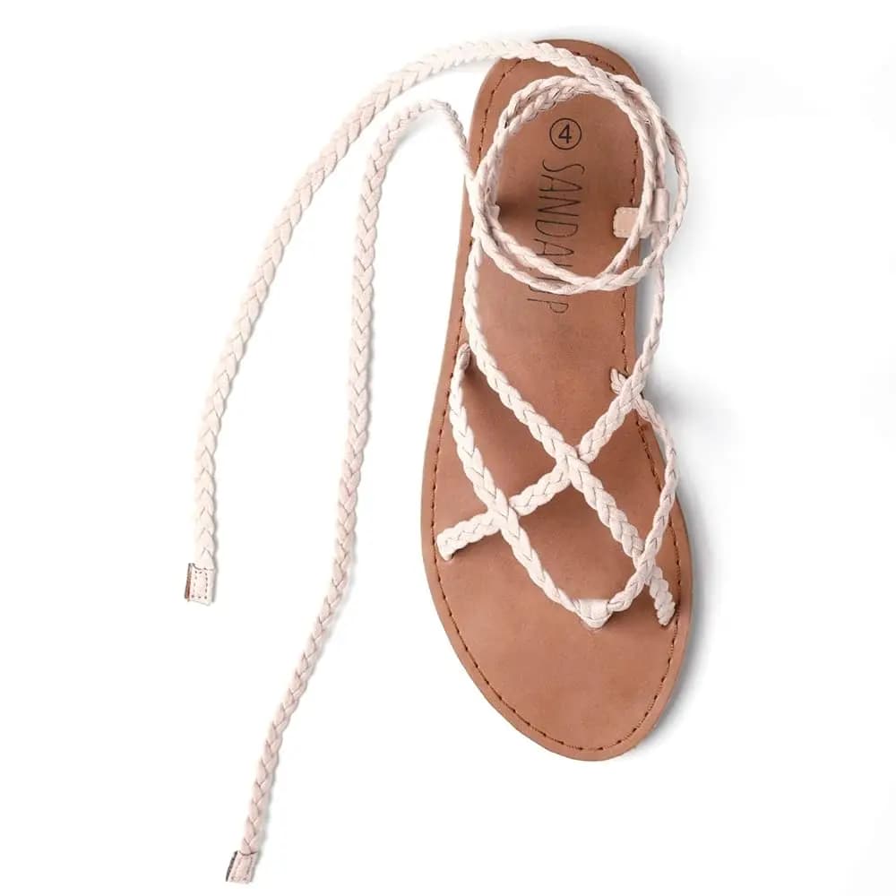 Sandali piatti da donna Trary intrecciati con lacci, modello gladiatore con cinturini, punta aperta, allacciatura alla caviglia, estivi, graziosi e comodi