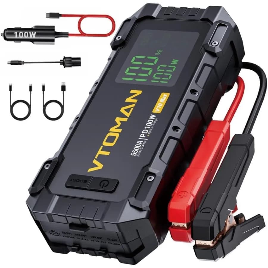Avviatore di emergenza V10 Max 5500A con caricabatterie rapido USB-C da 100 W per tutti i motori a gas o diesel da 12 litri Confezione booster di avviamento di emergenza da 12 V Po