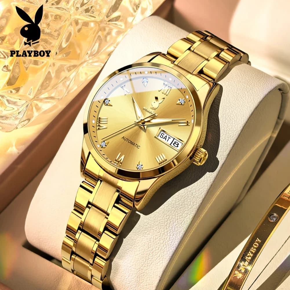 PLAYBOY 3901 Women Watches Elegant Luxury Mechanical Watch Stainless Steel Waterproof Week Date Watches For Women Dress Reloj