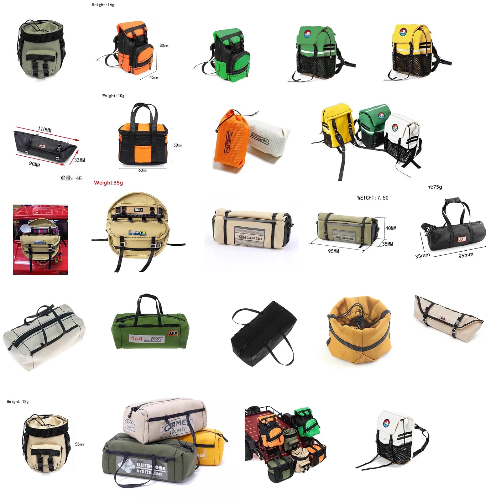 1/8 1/10 Scale Simulation Climbing Car Roof Decoration Travel Bag Luggage Storage Backpack Toy Remote Control Car Accessory