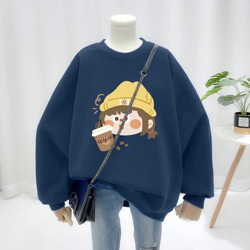 American Style Oversize Hoodie Women's round Neck Shoulder Length Sleeve Long Sleeve Fleece Lined Loose Fit Retro Hong Kong F...
