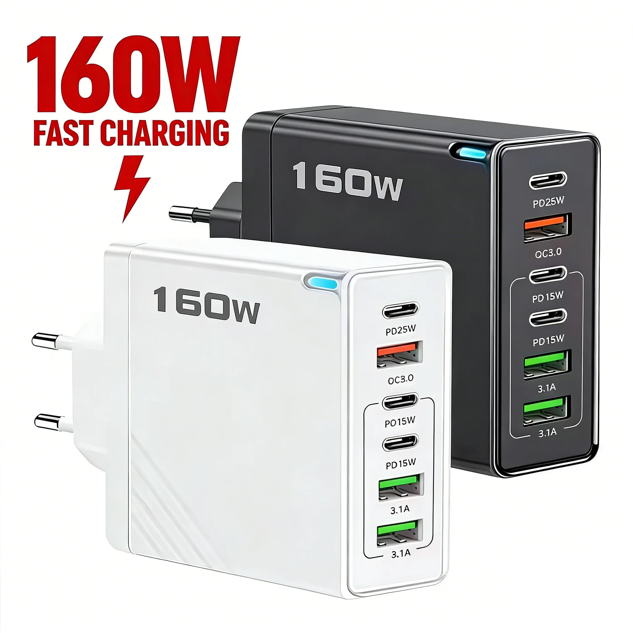 Caricatore USB da 160W a 6 porte, tipo C, ricarica rapida, adattatore per telefono con spina EU/US/UK, caricatore da parete per iPhone, Samsung, Xiaomi, Huawei