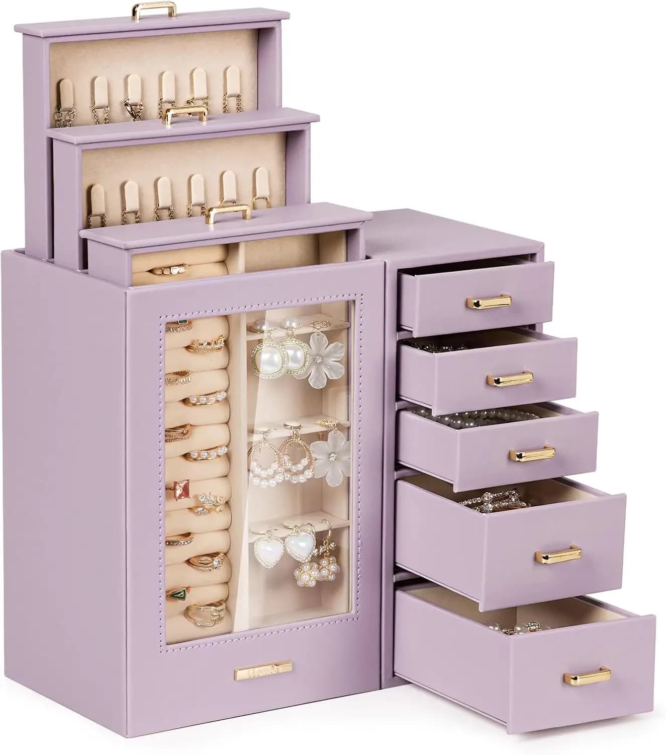 Large jewelry organizer with glass window and drawers for necklaces, earrings, rings, bracelets - perfect gift
