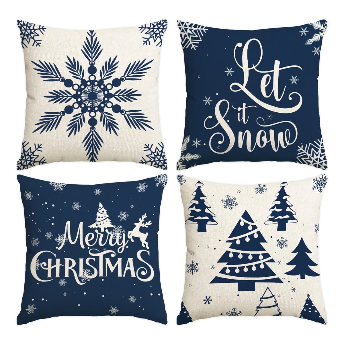 Set of 4 Christmas Throw Pillow Covers, 18" × 18", Snowflake & Reindeer Designs, Sofa Cushion Cases for Living Room