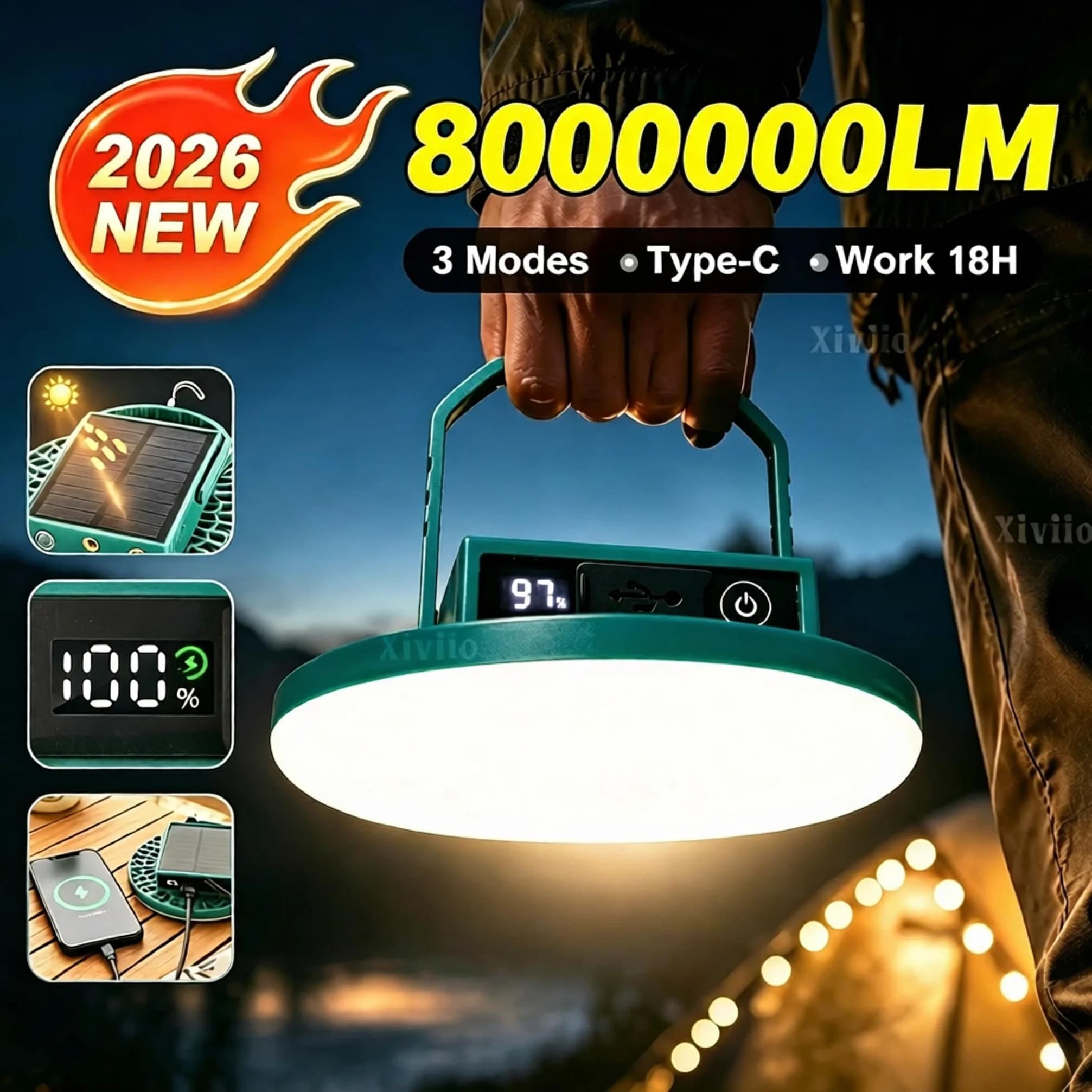 8000000LM Outdoor Solar Camping Light Type-C Rechargeable Portable Lamp Emergency Night Market LED Tent Light With Magnetic Hook