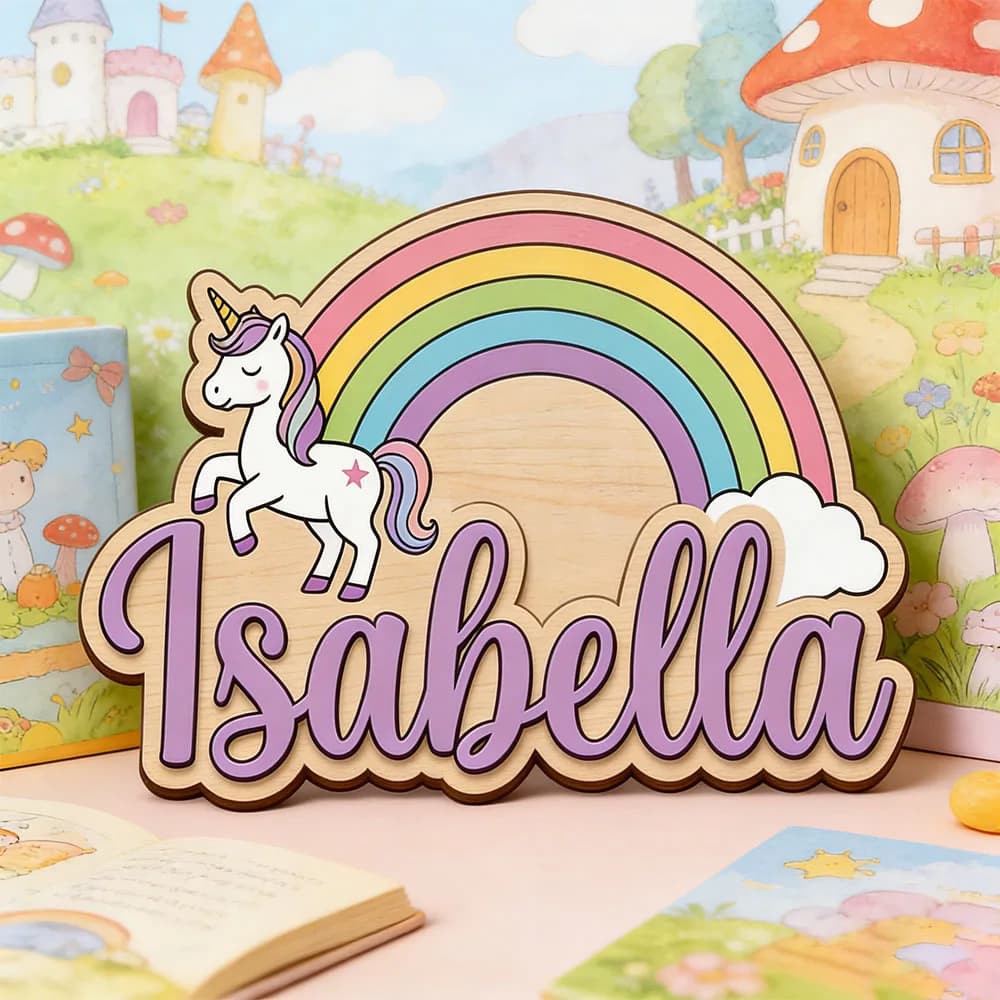 Unicorn & Pastel Rainbow Custom Name Sign Magical Nursery Wall Art Personalized Wooden Plaque for Kids Room