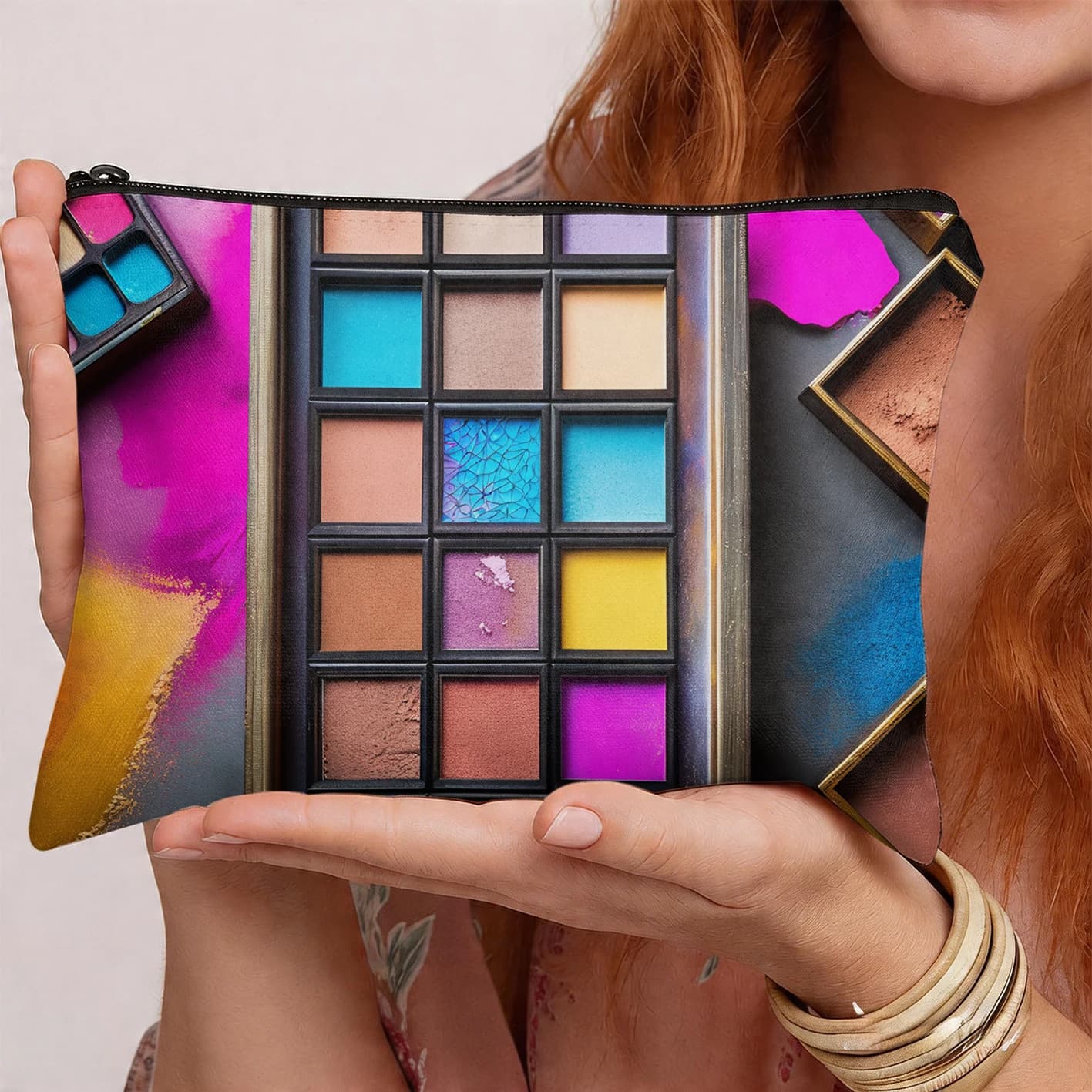 Borsa per trucco con stampa colorata per palette di ombretti, borsa portatile con motivo cosmetico alla moda, abbigliamento da donna