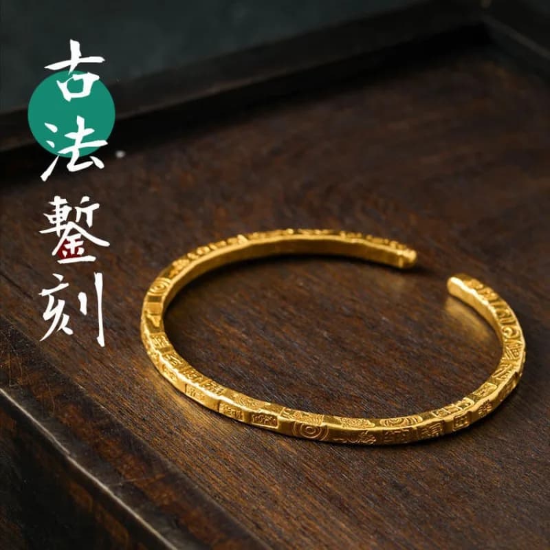Bracciale con iscrizione fortunata in ottone placcato oro artigianale antico in stile imperiale, modello di buon auspicio, regalo di dichiarazione regolabile per le donne