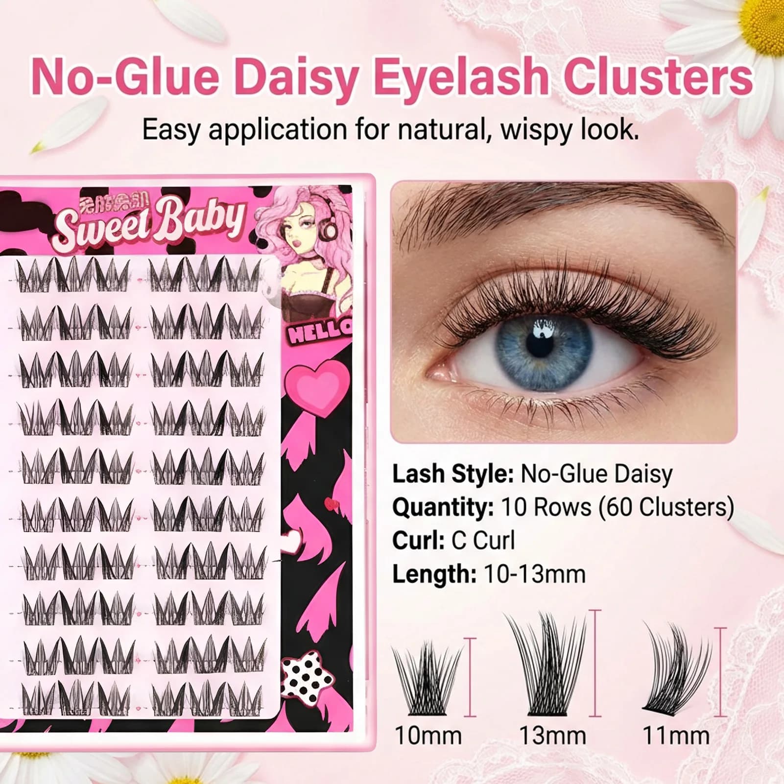 Fake Eyelashes Without Collar 10-13mm Mixed Lengths Natural Volume C Curly Black for Cheat Daily Party Appointments
