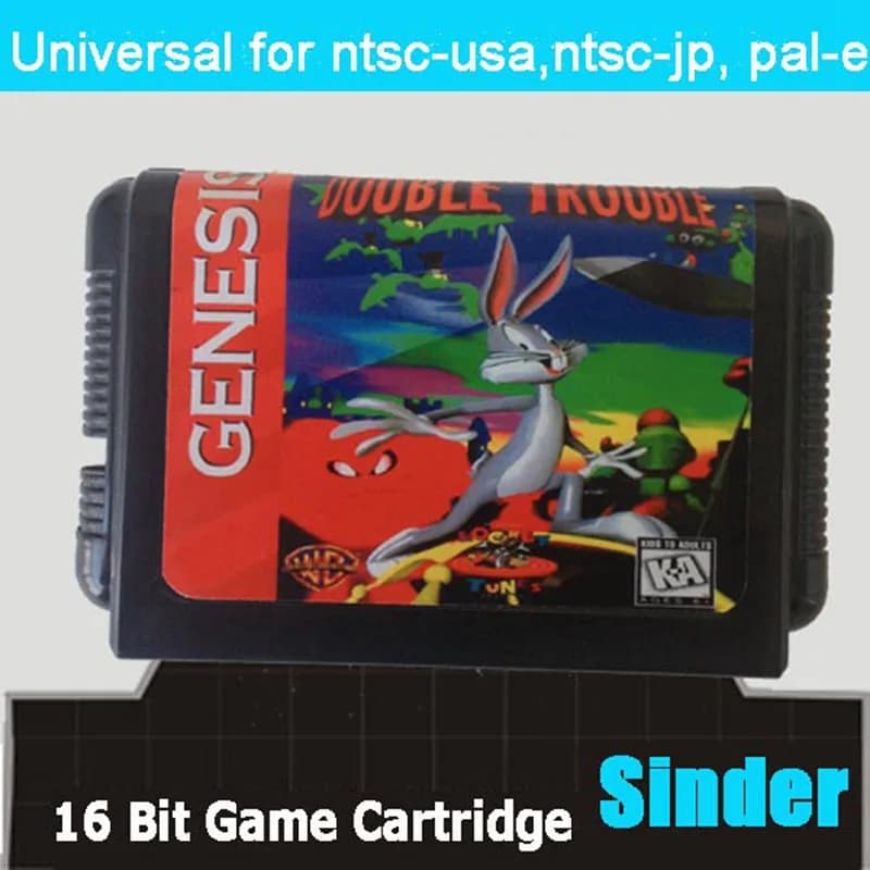 Cartuccia di gioco MD Bugs Bunny in Double Trouble con scatola USA per sistema Sega Megadrive Genesis a 16 bit