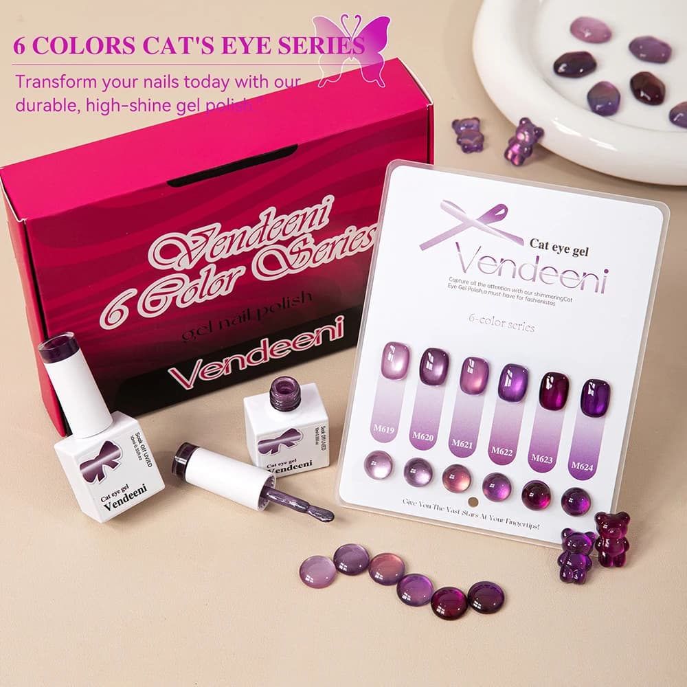 Vendeeni TPO HEMA LIBERO 6 Colori/Set Viola Cristallo Occhio di Gatto Gel Smalto Per Unghie Perle di Vetro Magnetiche UV LED Gel Vernice Con Display