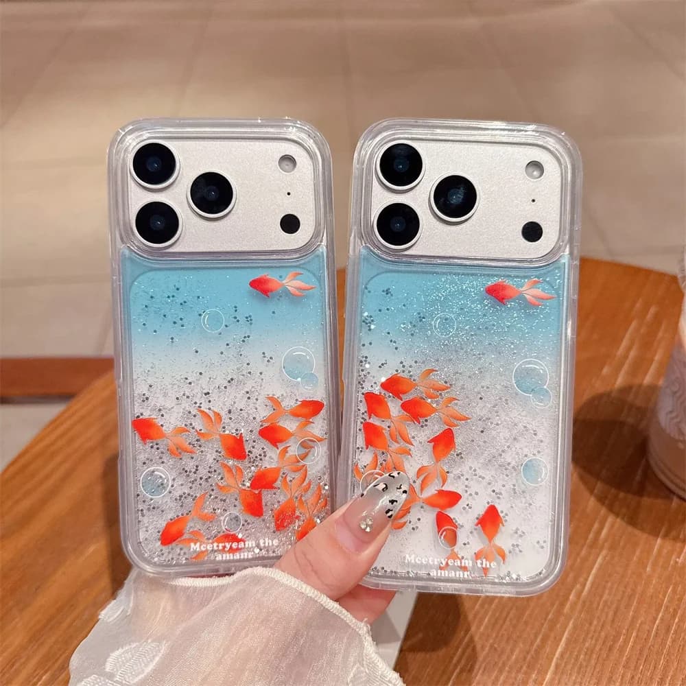 Custodia rigida per sabbie mobili Goldfish per iPhone 17 16 15 Pro Max Custodie per telefoni posteriori Coque Dynamic Glitter Moving Sand Shell Funda