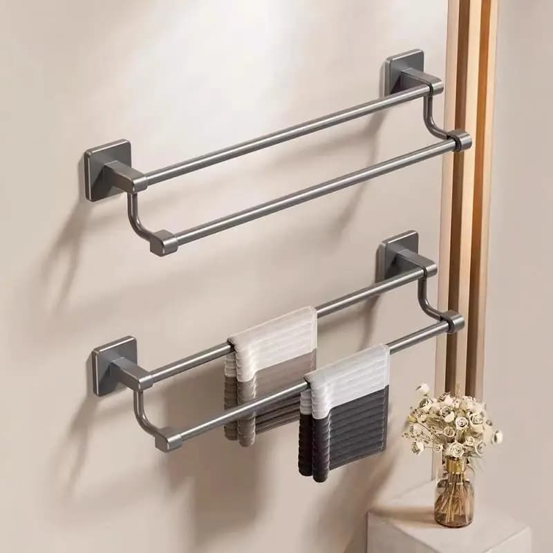 No‑Drill Wall‑Mounted Towel Rack for Bathroom, Space Aluminum Single & Double Bar Bathroom Storage Hanger