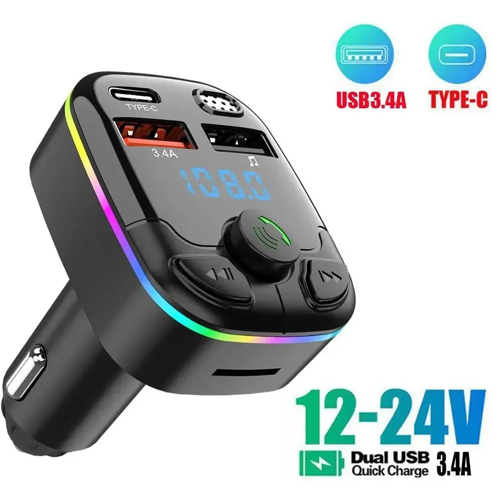 Trasmettitore FM Bluetooth 5.0 per auto 12/24V Vivavoce Doppio USB Luce ambientale Scheda TF Lettore MP3 Tipo-C PD20W QC3.0 3.4A Caricatore rapido