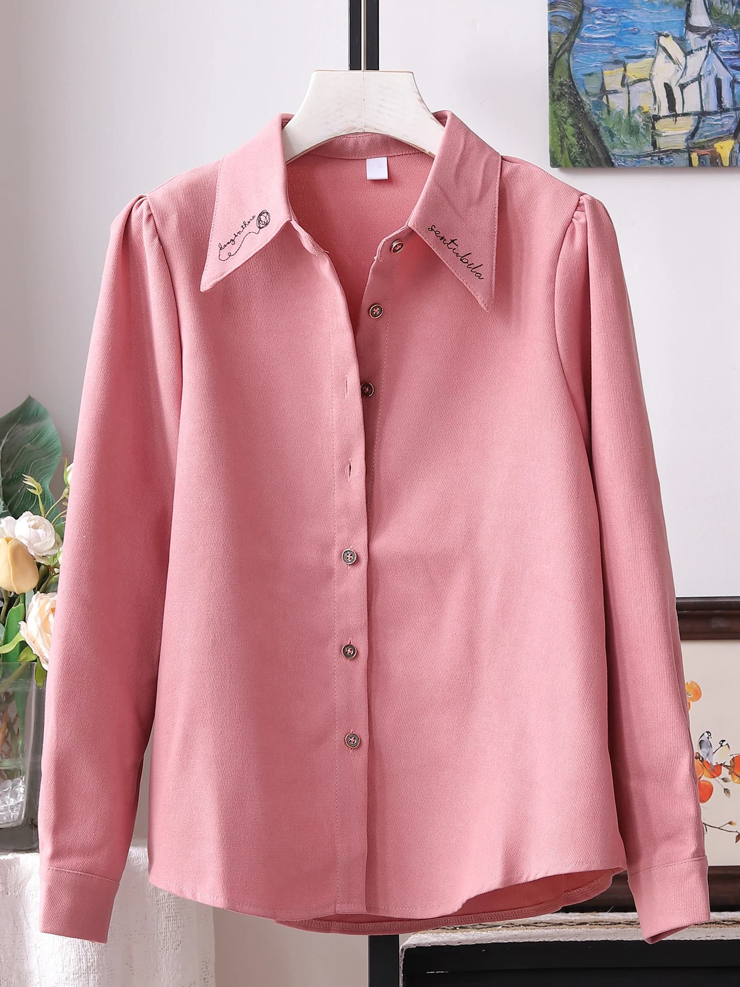 Thickened Embroidered Brushed Bubble Sleeve Long Sleeve Shirt Women's Fashion Commute Personality Sharp Collar Blouse Inner W...