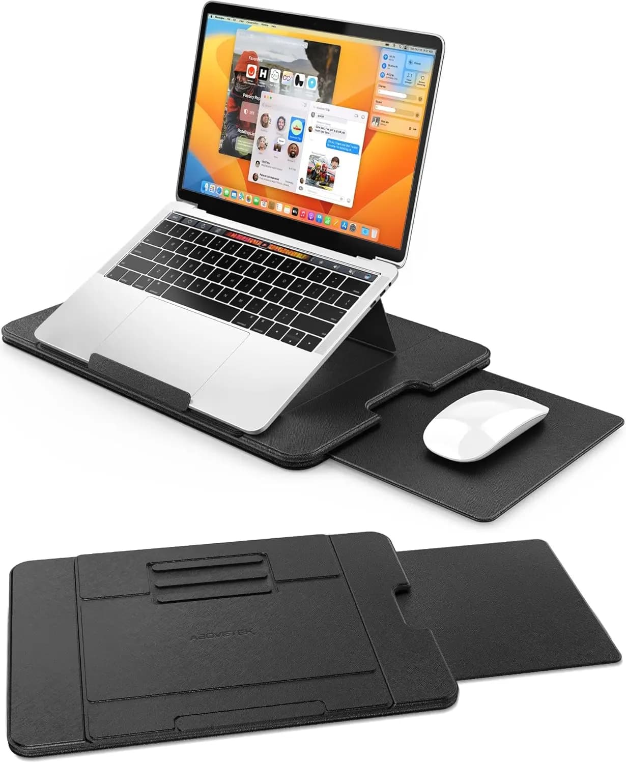 Supporto per Laptop Regolabile con 3 Angolazioni, Superficie Antiscivolo in Pelle PU, Scudo Termico, Tappetino Mouse Retrattile per Letto, Divano, Viaggio