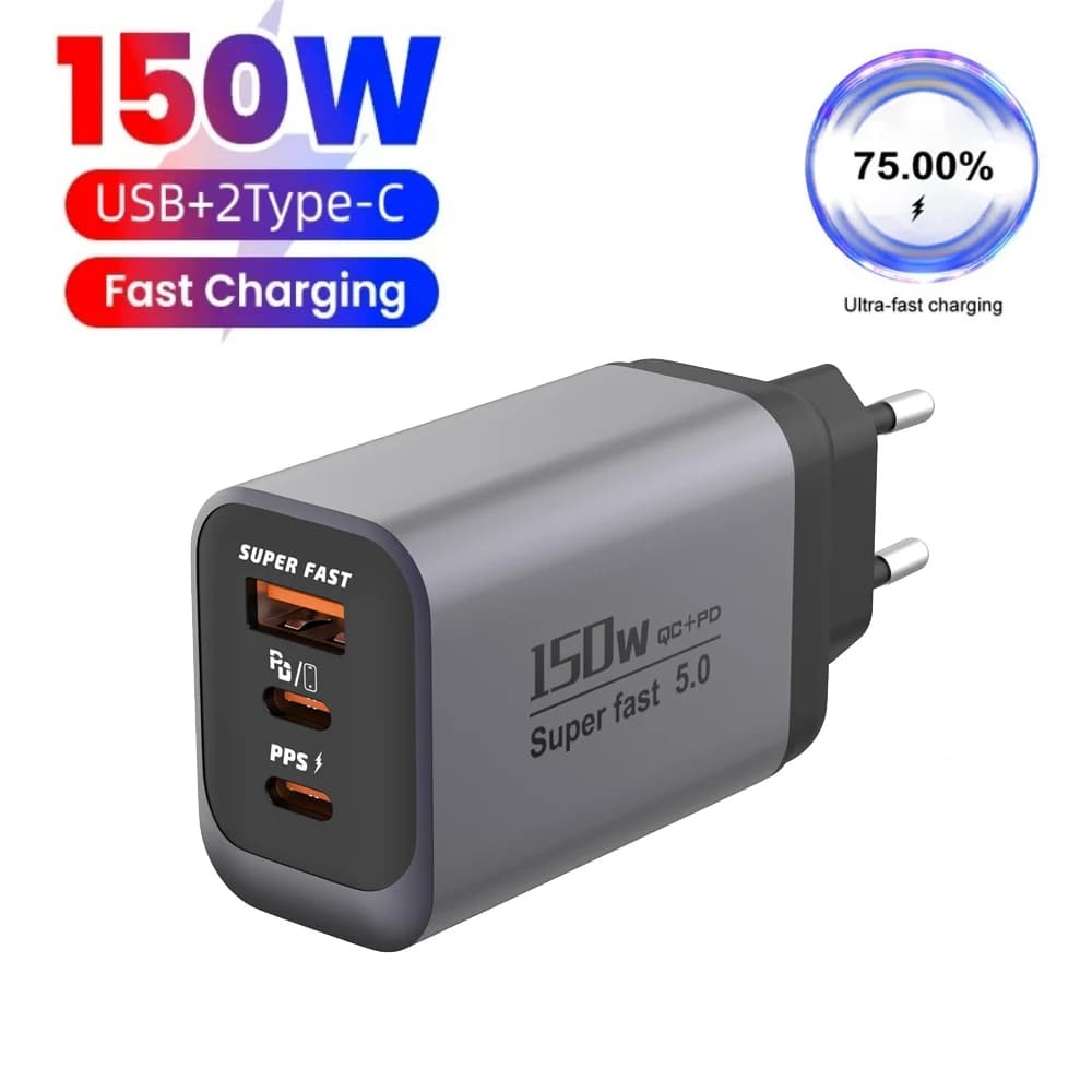 Caricatore USB C Rapido da 150W con 3 Porte QC3.0 PD, Adattatore da Parete EU/UK/US per iPhone 17 16 15 Samsung Xiaomi Huawei