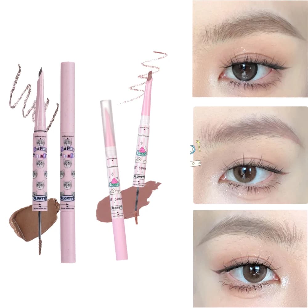 FLORTTE Double Head Eyebrow Pencil Angled Machete Tip Brow Tint Mascara Waterproof Sweat Resistant Long Wear Brow Makeup