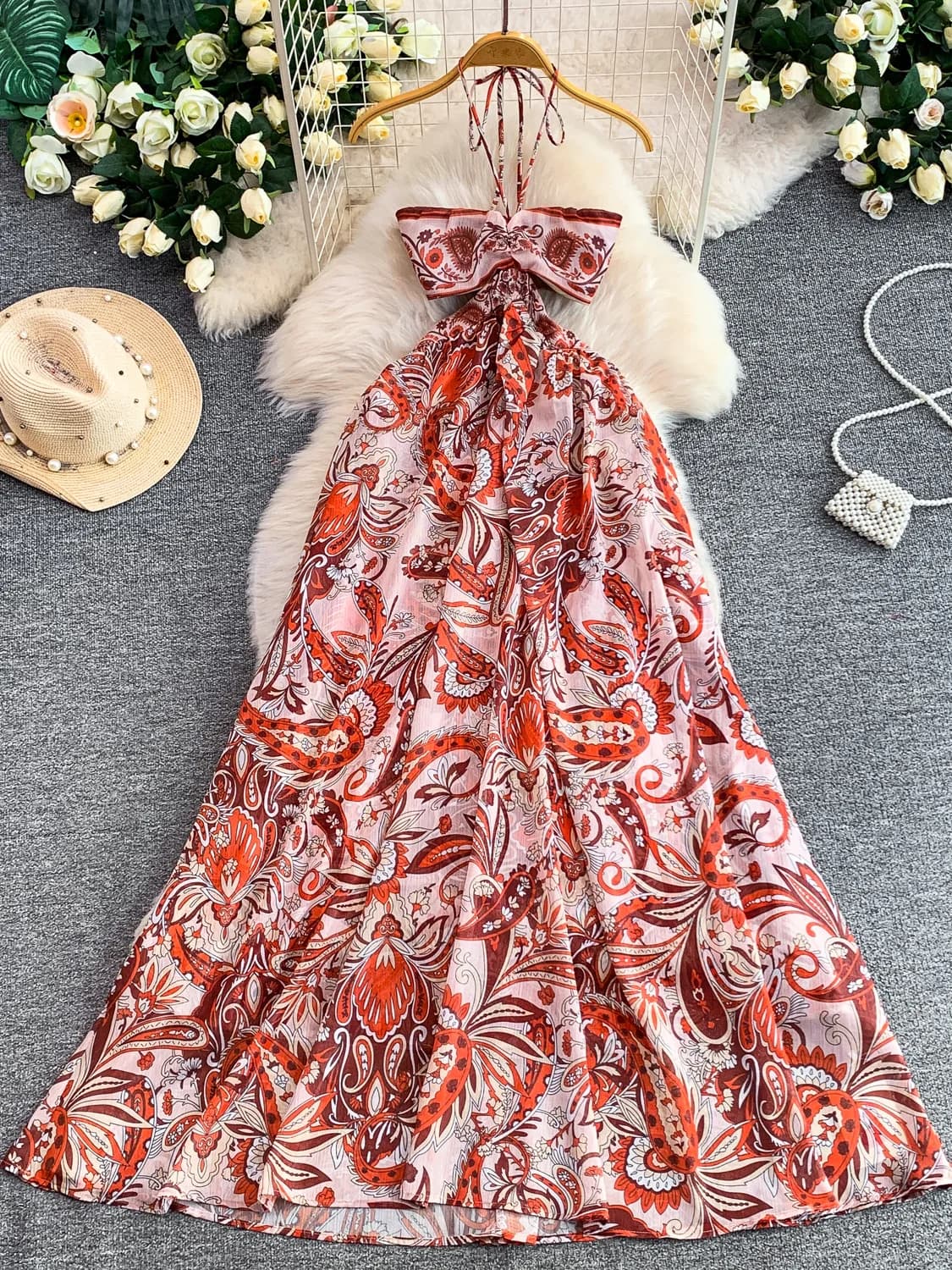 Vacation Style Sexy Hollow out Midi Waist Slimming Dress Women's High-End Sensation Slim Fit Shiny Thread Printed Umbrella Skirt