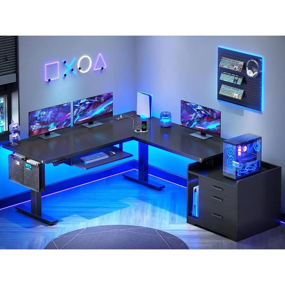 Scrivania Elettrica Regolabile in Altezza a Forma di L con Armadietto, 63 x 53'' Scrivania per Computer da Casa con Cassetti, Presa di Corrente, S