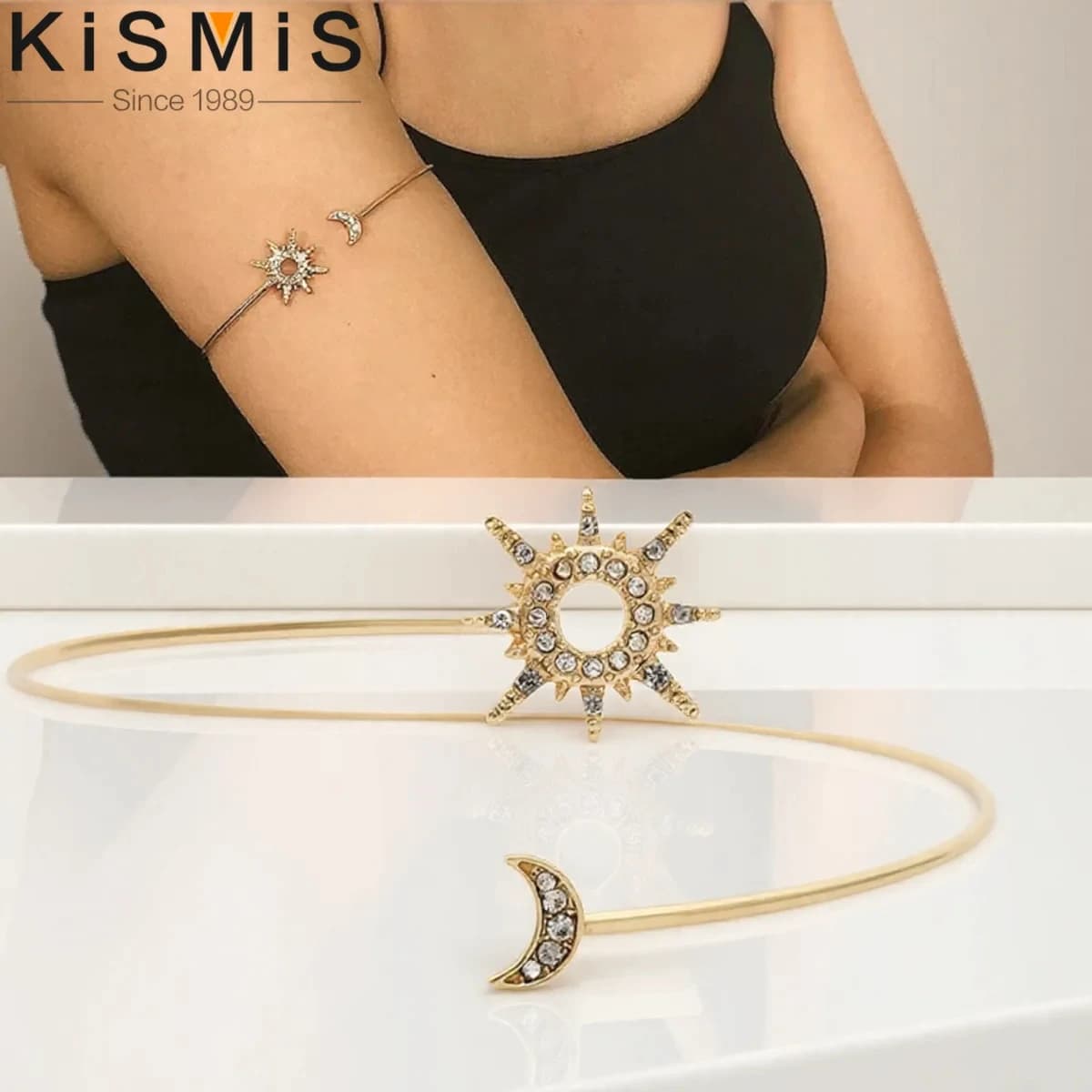 Bracciale da donna alla moda regolabile con strass lucidi Sole e Luna, gioielli eleganti micro-incastonati in oro