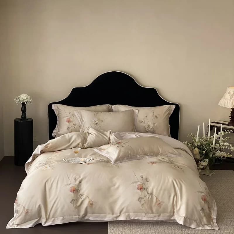 Luxury Lyocell Cotton Bedding Set, Watercolor Floral Print, Silky Soft Cooling Duvet Cover Set Flat/Fitted Sheet Pillowcase 4Pcs