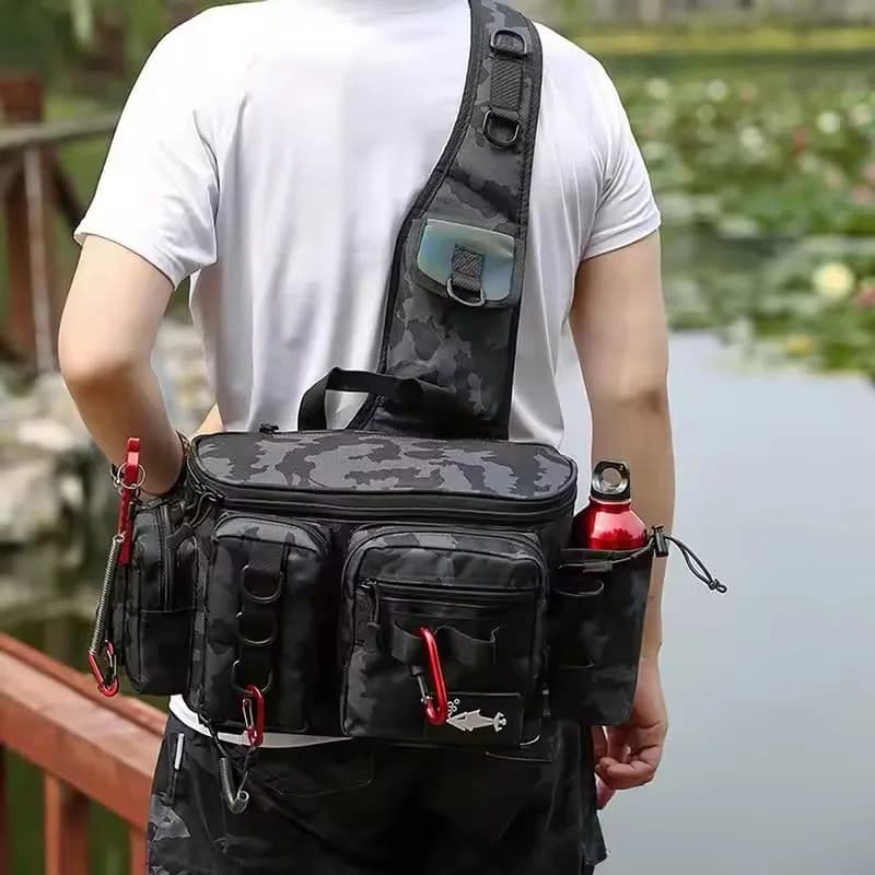Borsa a tracolla da pesca impermeabile leggera per attrezzatura, esche e porta canna da pesca