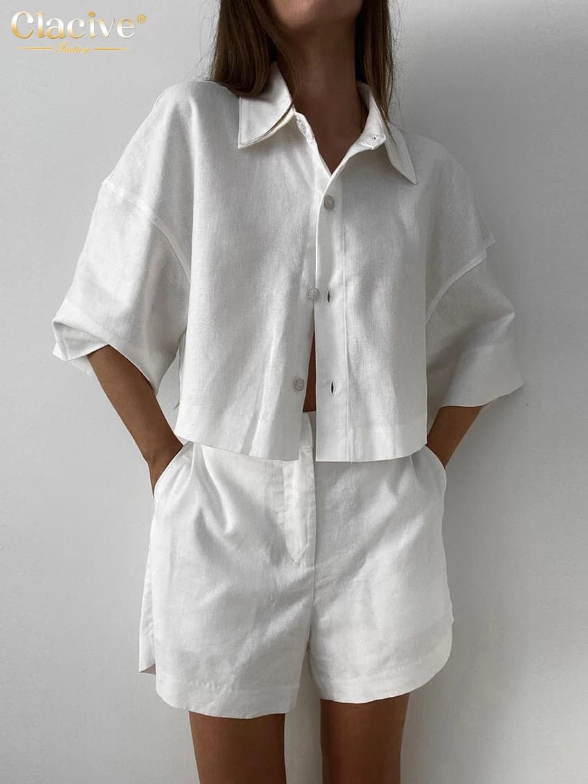 Clacive Summer Slim White Linen Set a due pezzi Abito da donna 2023 Camicie a maniche corte alla moda con pantaloncini a vita alta Set femminile