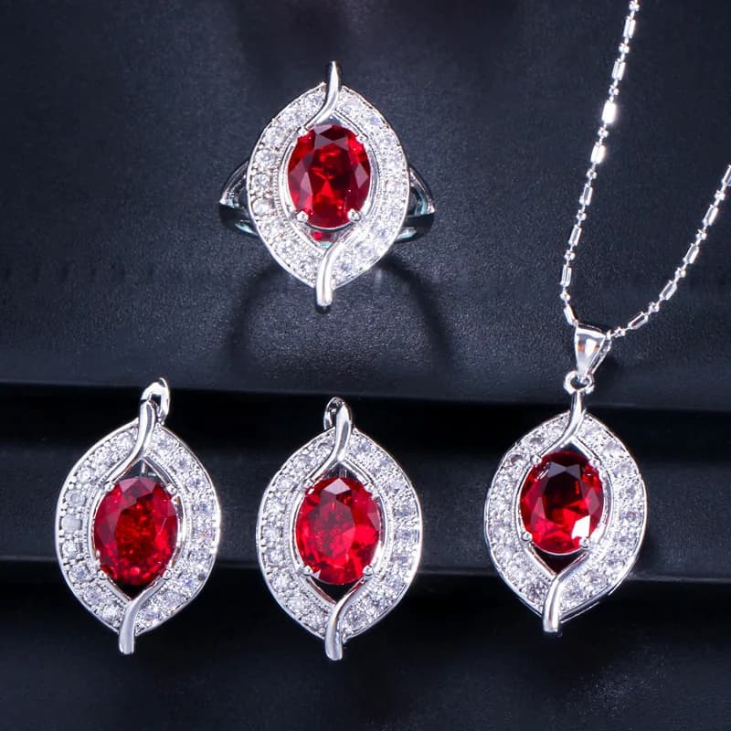 ThreeGraces 3 pz Nuovo Alla Moda Rosso Lucido Cubic Zirconia Orecchini di Moda Collana Anello Set di Gioielli Festa Nuziale per Le Donne JS707