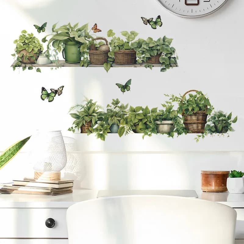 Tropical green plants Butterfly in pot Fly Wall decals in vinyl 3D for home decoration aesthetic room Landscape art mural