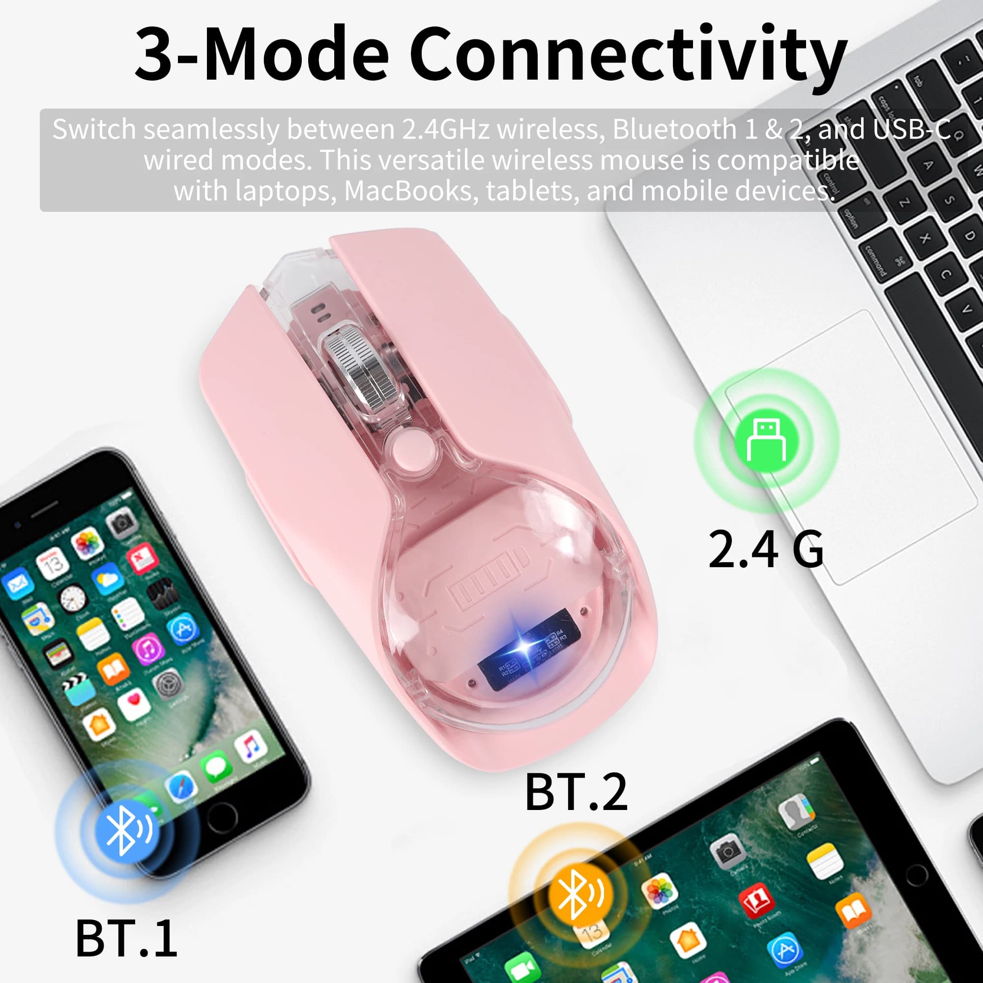Mouse wireless retroilluminato RGB 2.4G/Bluetooth/Wired Mouse da gioco per computer trasparenti ricaricabili Tri-Mode 3200 DPI per PC portatili