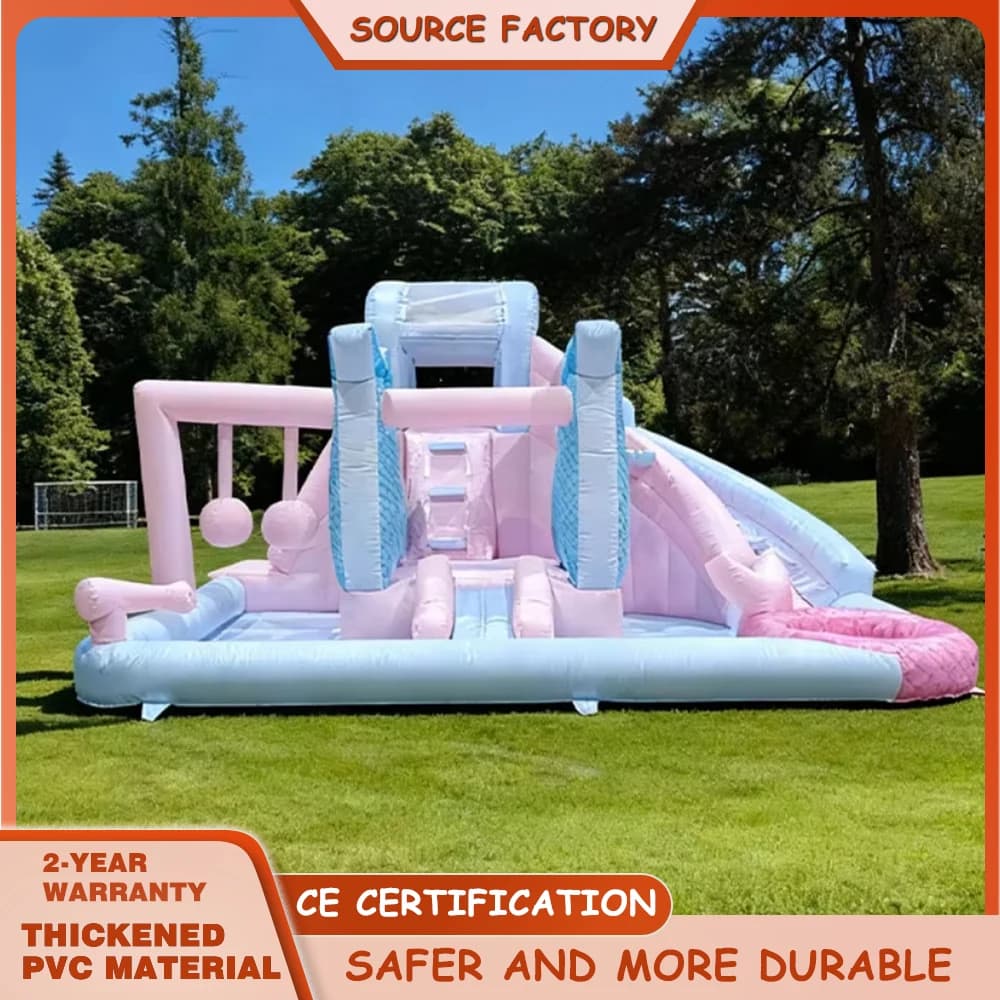 Inflatable Water Slide in Rose Castle for Children's Birthday Party, Outdoor Games Park with Summer Pool, Children's Gift