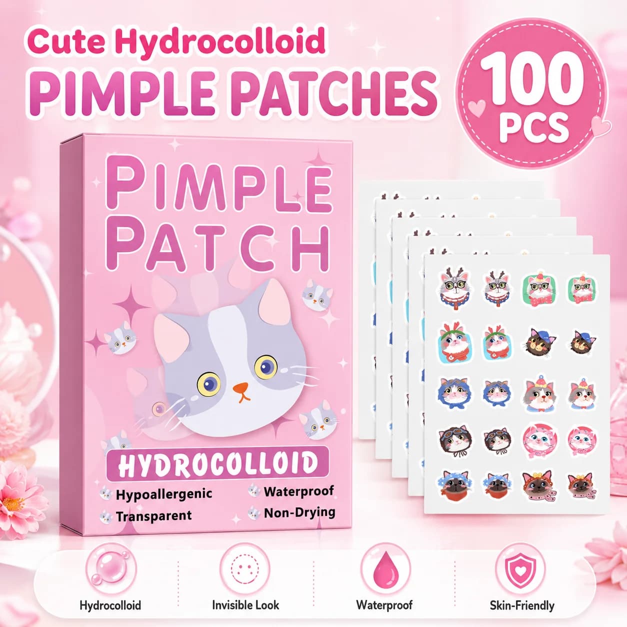 Animated cartoon-shaped acne patch, 100 pieces, cute cat-shaped acne patch, safe, non-toxic, delicate and non-irritating