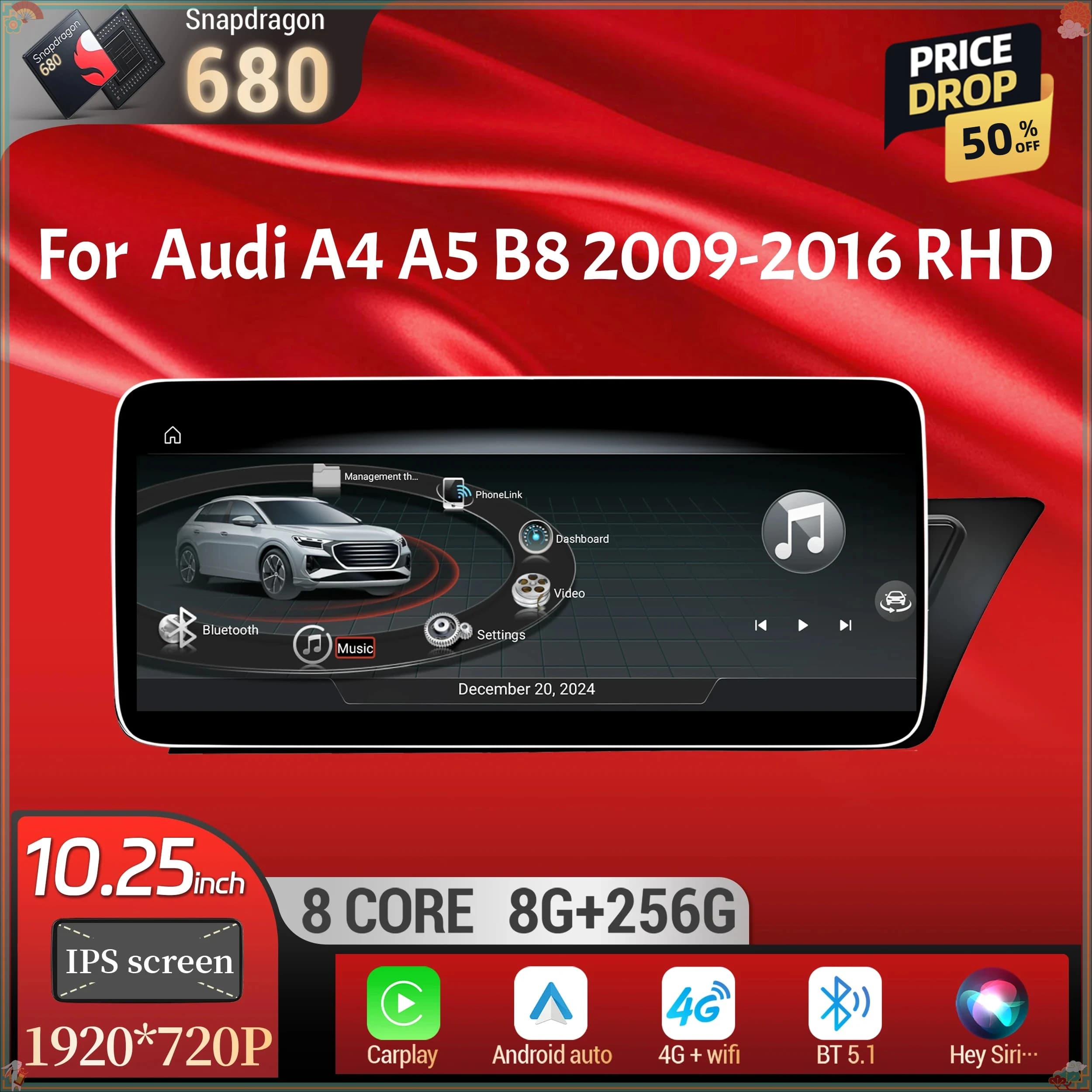 12.3 inch For Audi A4 A5 B8 2009-2016 Right Hand Drive Android 13 Car Radio BT Carplay Qualcomm Snapdragon 680 Head Unit Screen
