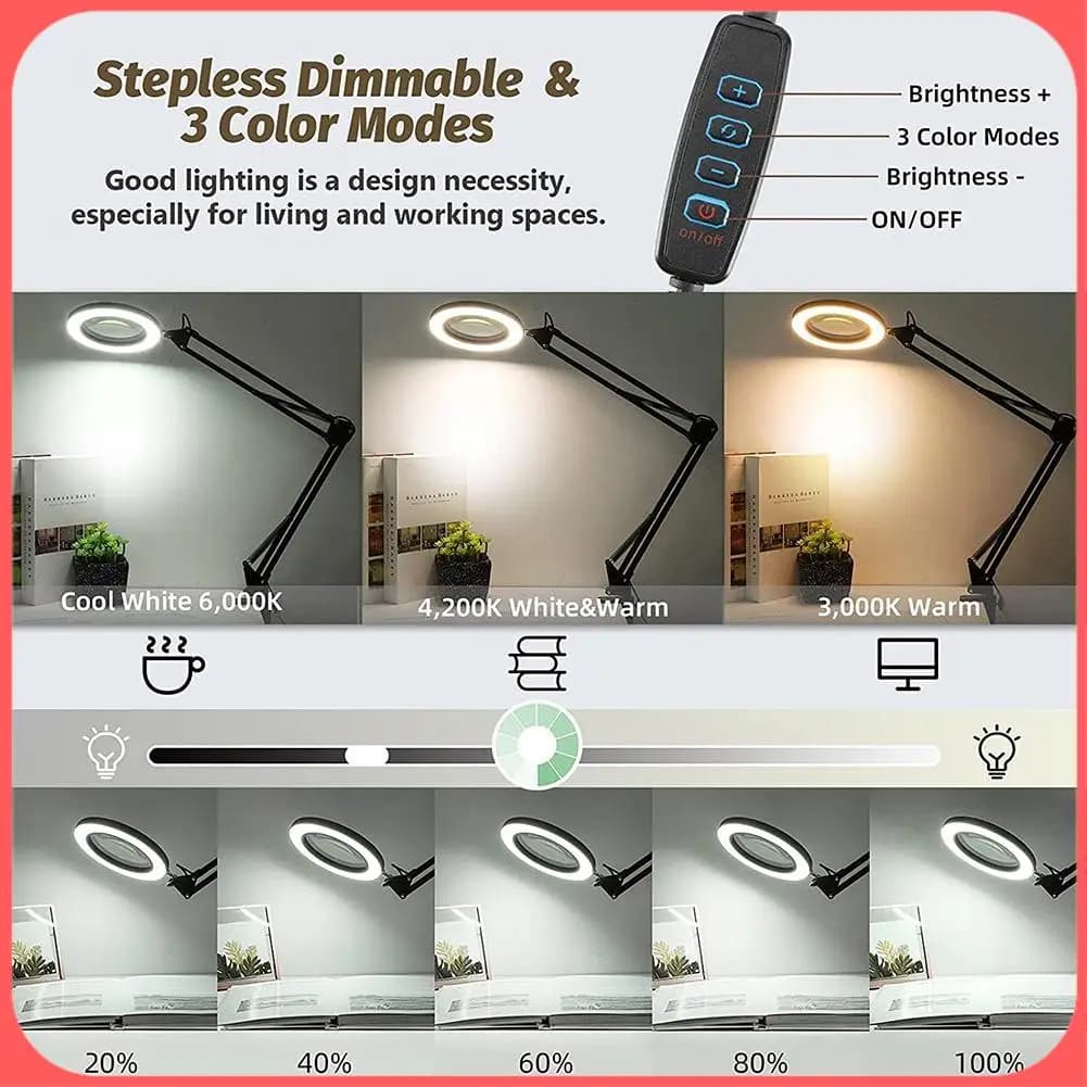 A76I-Magnifying Glass With Light And Bracket,3 Color Modes Stepless Dimmable LED Desk Lamp, Used For Reading And Repairing