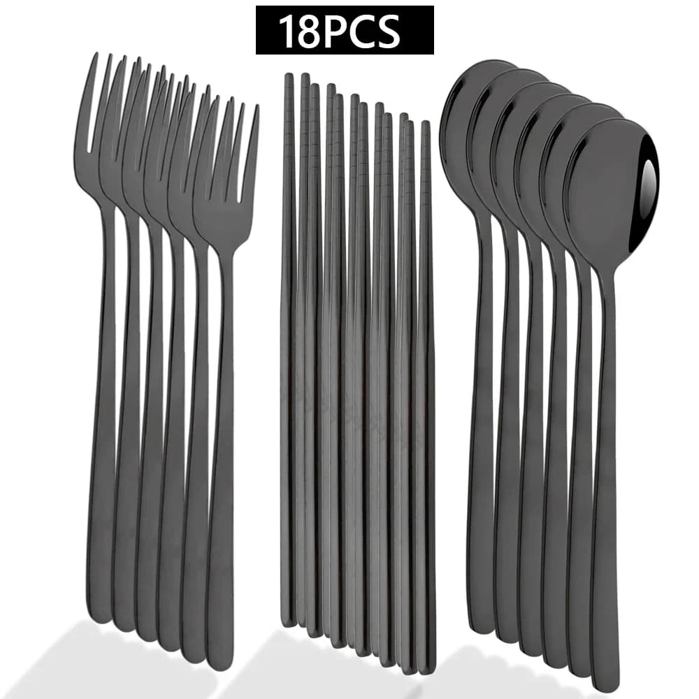 18 pieces cutlery in black stainless steel fork spoons wands set of dishes western restaurant kitchen set of cutlery for the house