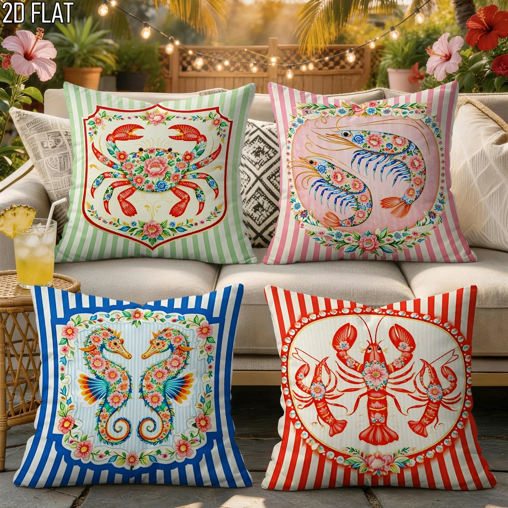 1pc Mediterranean Folk Art Sea Creature Striped Throw Pillow Cover 2D Double-Side Print Polyester Cushion Case for Home Sofa Hou