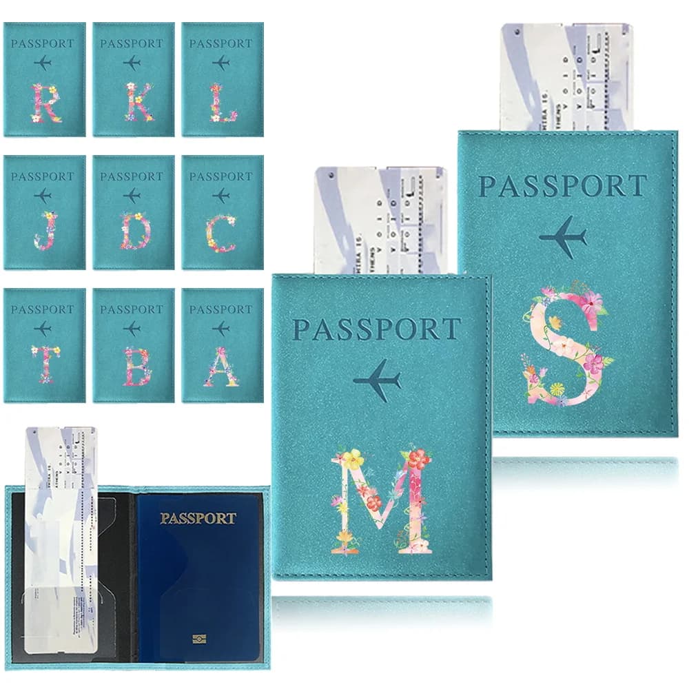 Porta Passaporto Blu Impermeabile, Custodia per Passaporto Serie Lettera Rosa, Portafoglio da Viaggio in Pelle PU con Stampa UV per Carte di Credito