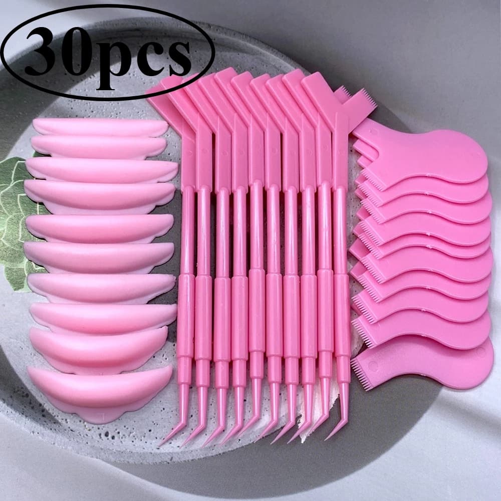 Set of 30 Pieces for Tincture Eyelashes, Silicone Pads for Permanent Eyelashes, Wraps for Lifting Eyelashes, Mascara Brushes, Makeup Tools